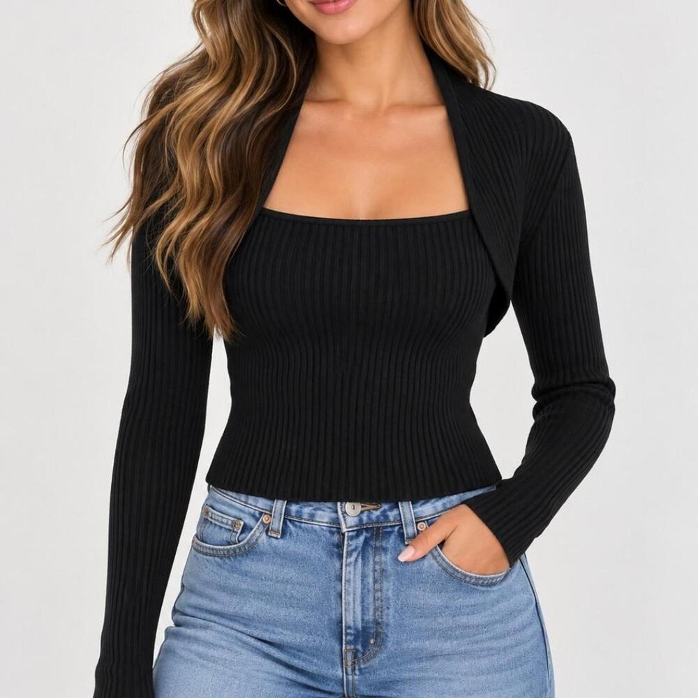 Celebrity pink black ribbed knit top